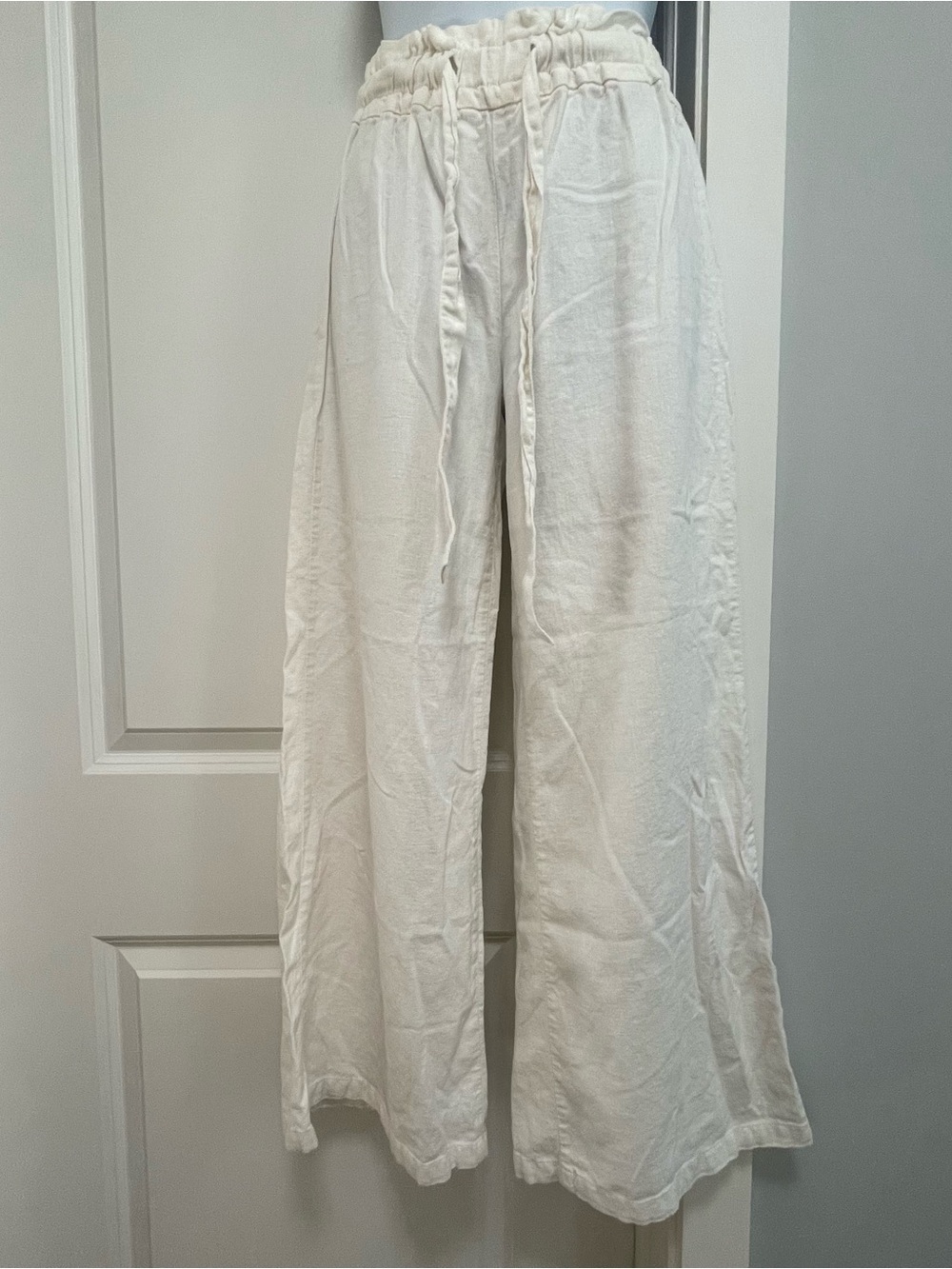 Vanilla Star Flowy Off-White Wide Leg Linen Blend Paperbag Drawstring Pants